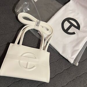 TELFAR Small Shopping Bag in White, Women's Crossbody Bag with Embossed Logo